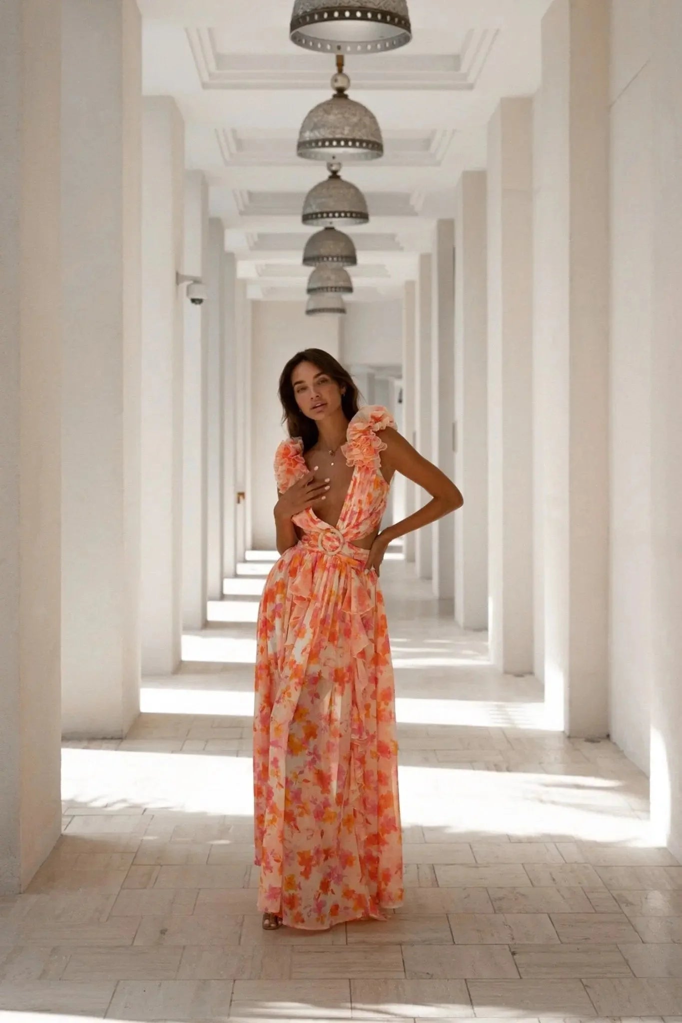 Anne Louise Boutique Cassini Floral Maxi Dress - Orange Fuchsia