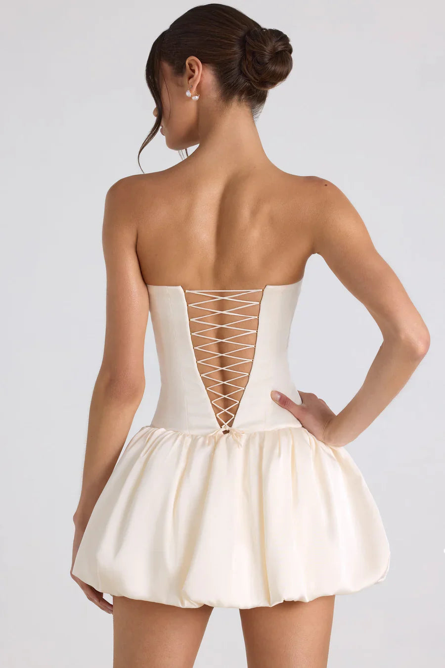 Oh Polly Fabiola Lace-Up Bubble Hem Corset Mini dress - Ivory