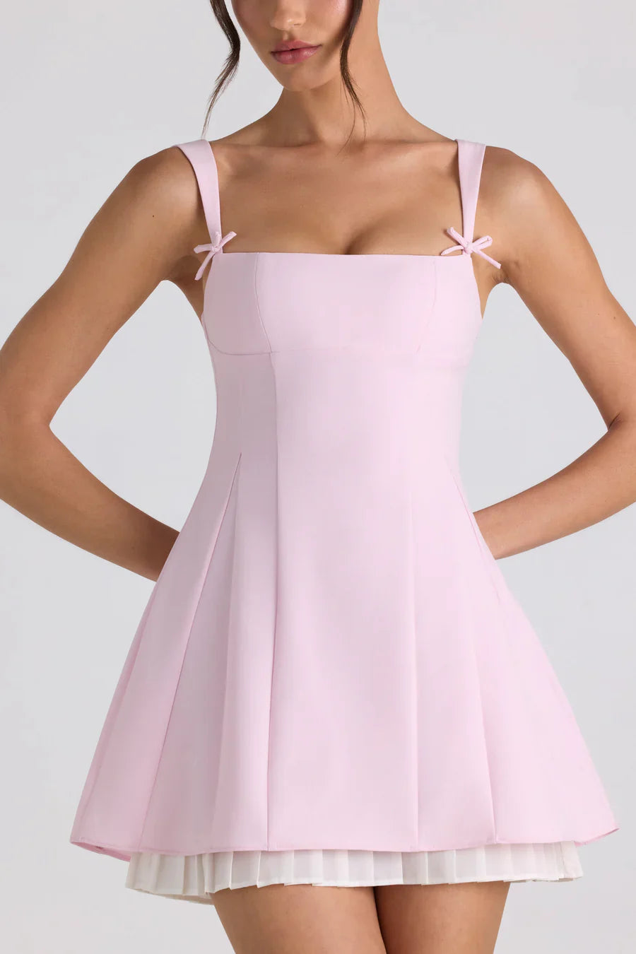 Oh Polly Cressida Bow-Detail Pleated Mini Dress - Soft Pink