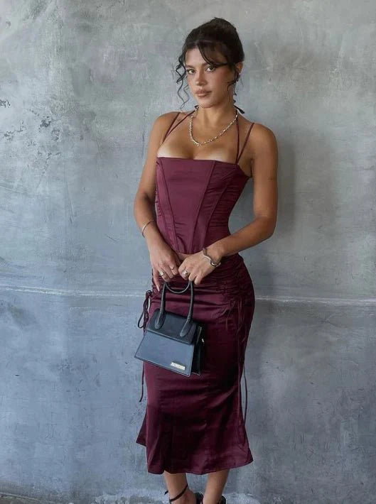 House Of CB Chantelle Corset and Sidonie Midi Skirt - Wine Red