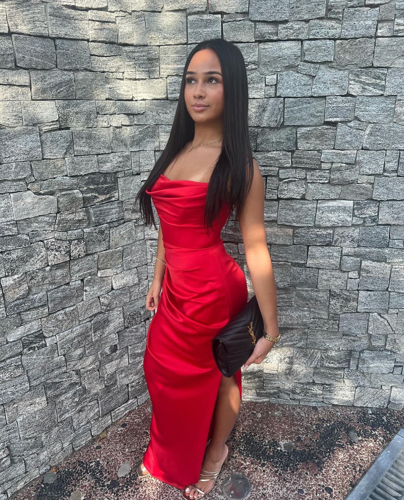 House Of CB Adrienne Satin Strapless Gown - Scarlett Red