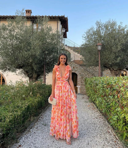 Anne Louise Boutique Cassini Floral Maxi Dress - Orange Fuchsia