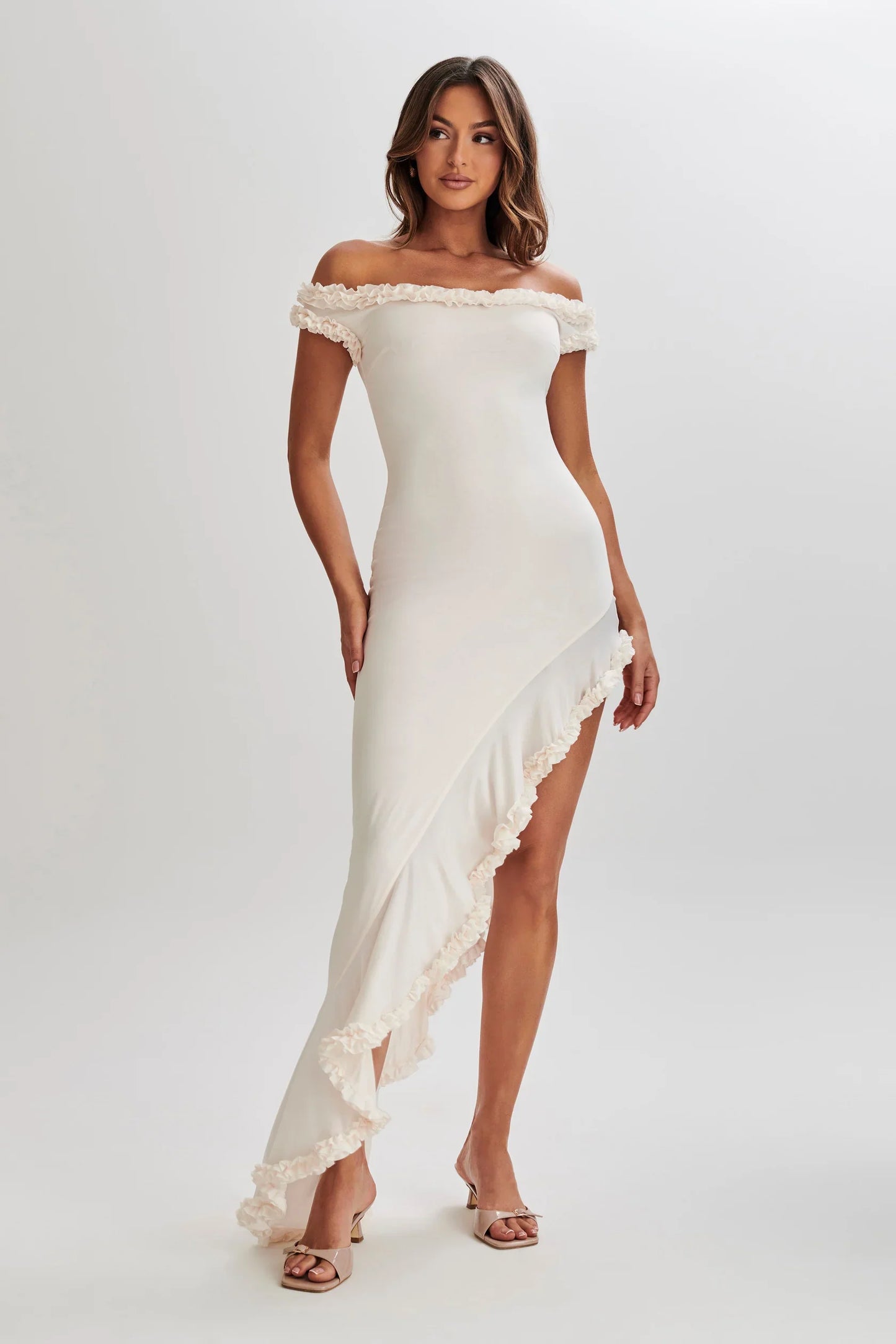 Meshki Arielle Off Shoulder Ruffle Midi Dress - Ivory
