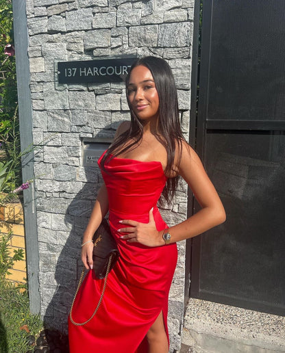 House Of CB Adrienne Satin Strapless Gown - Scarlett Red